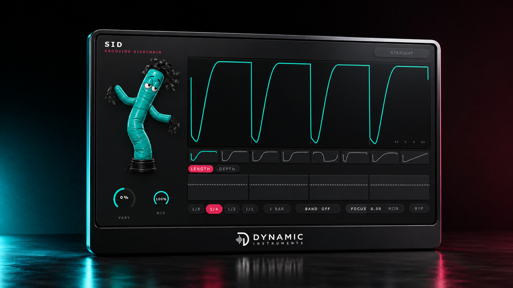 SID plugin interface: pattern sidechain with editable envelope curve and 16 step lanes