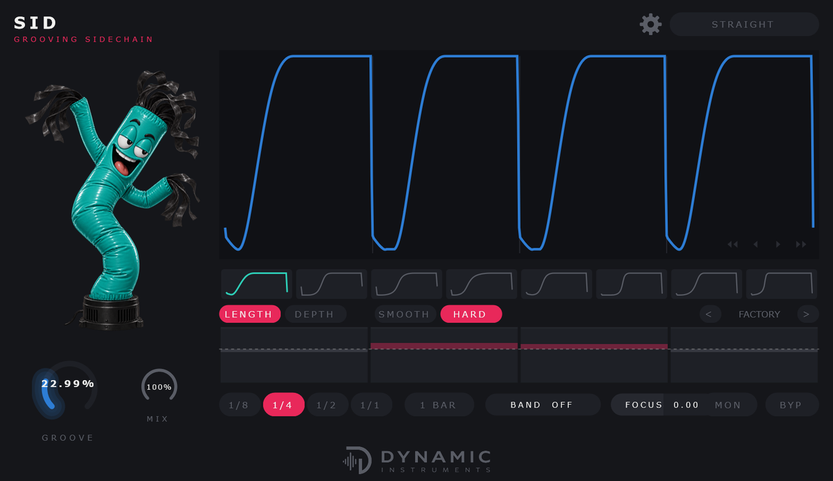 SID plugin interface showing the drawable sidechain envelope, pattern lanes and mascot