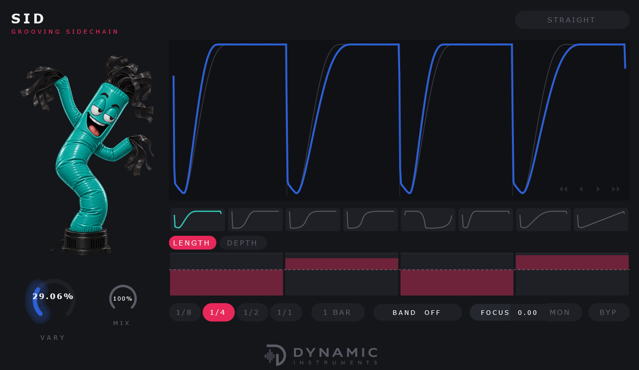 SID plugin interface showing the drawable sidechain envelope, pattern lanes and mascot